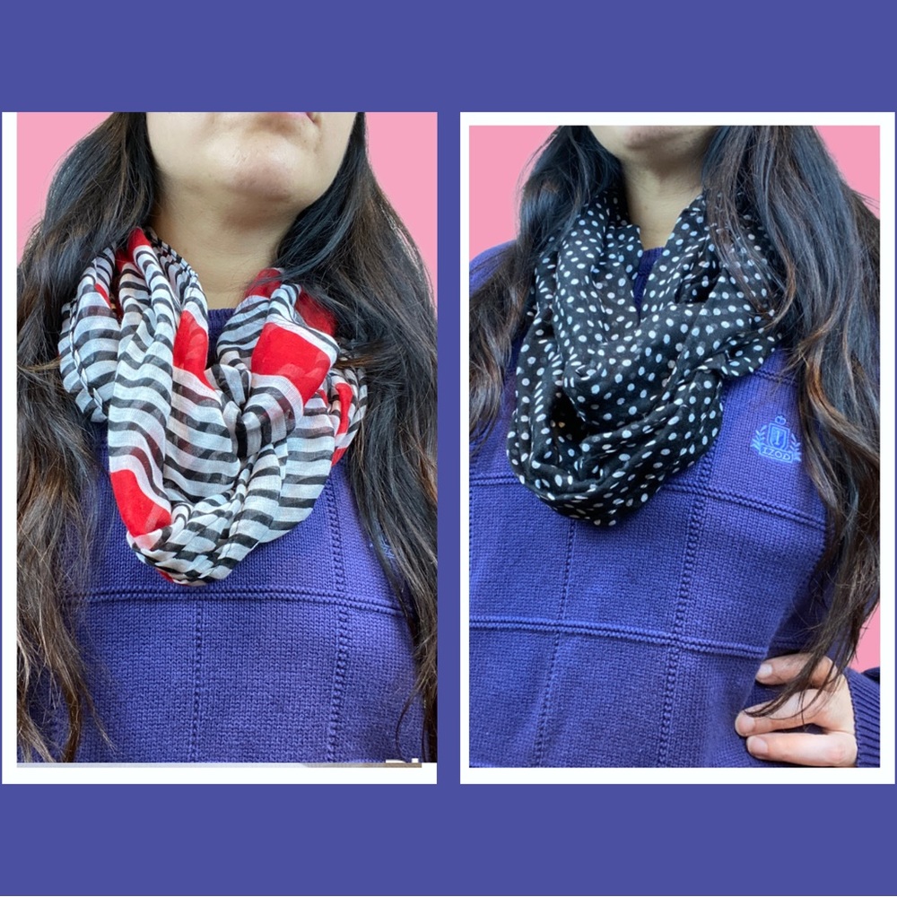 🌵 Bundle of Two Infinity Scarves 🧣 Stripes and Polka Dots Red/Gray/Black/White